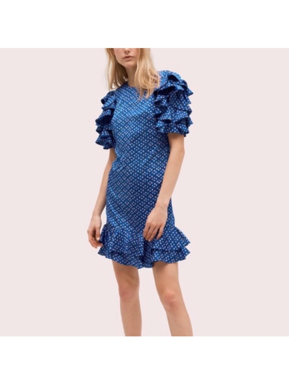 Kate Spade New York Blue Geo Dot Satin Ruffle Sleeve Shift Dress size US 12